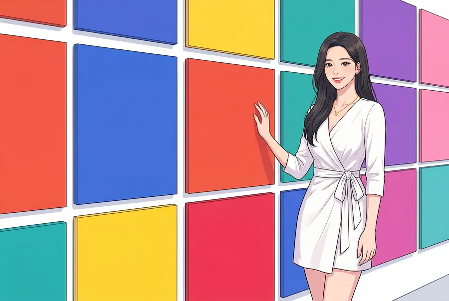 Woman beside a wall of colourful square panels