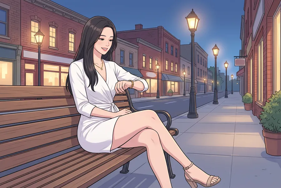 Woman on a bench on a lamplit street at dusk